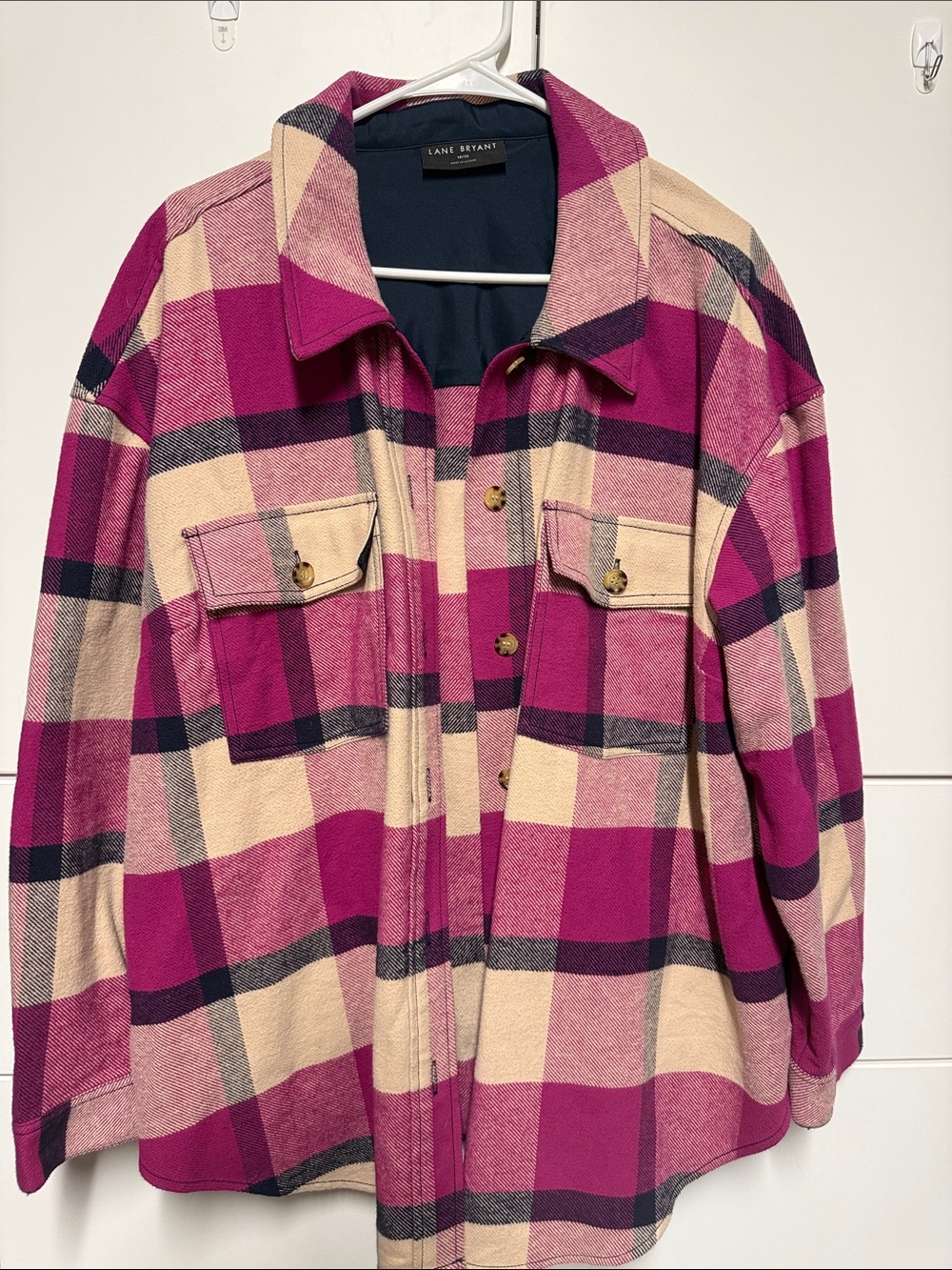 Lane Bryant Hot Pink and Cream Plaid Button-Up Shacket